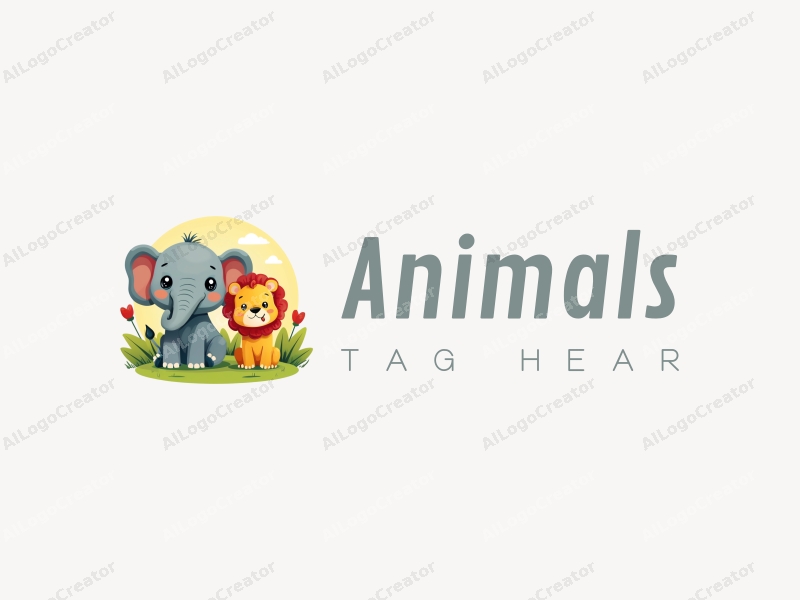 playful design features a baby elephant and a baby lion in a vibrant, colorful setting, incorporating elements of wildlife and education, with a clean and harmonious composition.