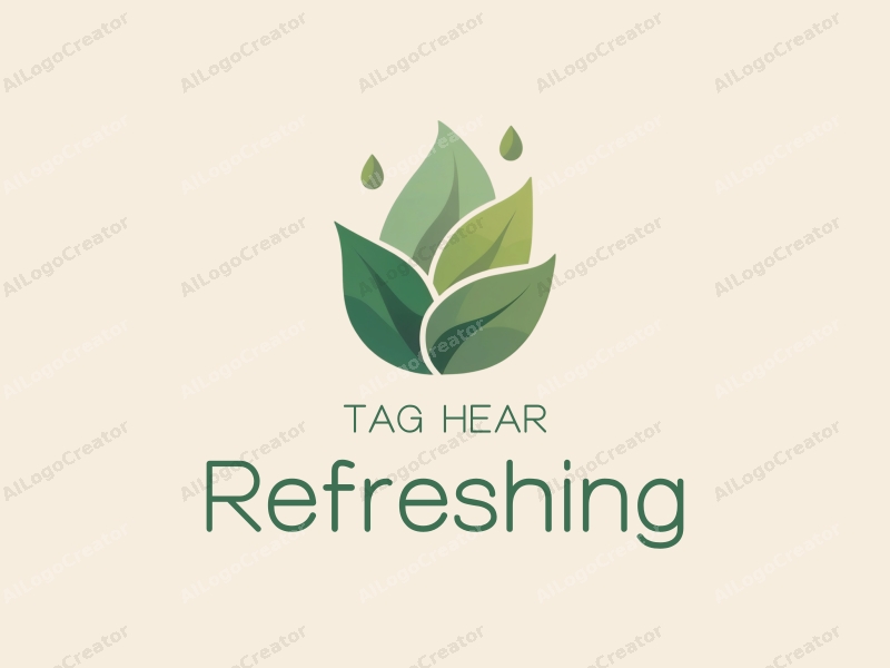 minimalist design features fresh and natural elements like green leaves and water droplets, combined with a clean background and a harmonious composition.