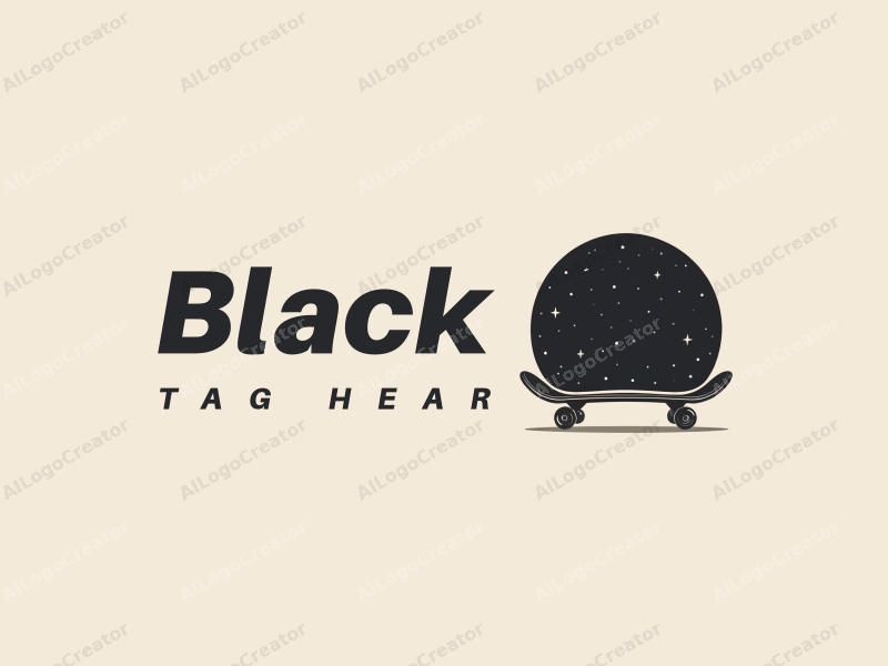 minimalist design features a sleek skateboard silhouette against a starry night background, incorporating black tones and a clean, simple composition.