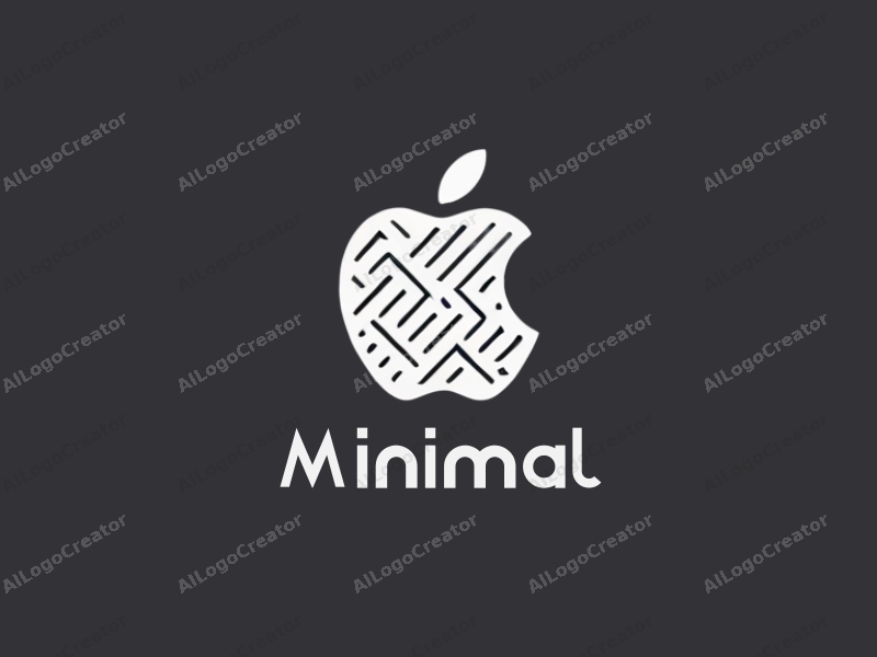 minimalist design features a stylized apple silhouette, clean lines, and a tech-inspired aesthetic combined with a monochromatic color scheme.