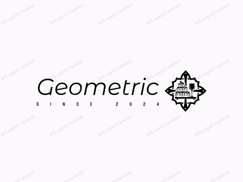 geometric design features a harmonious combination of squares and circles, incorporating a stylized cake and wine glass, set against a clean black and white background.