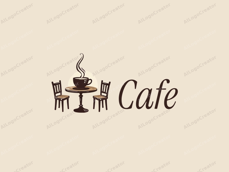 vintage design features a stylized coffee cup, nostalgic tables and chairs, combined with a clean background.