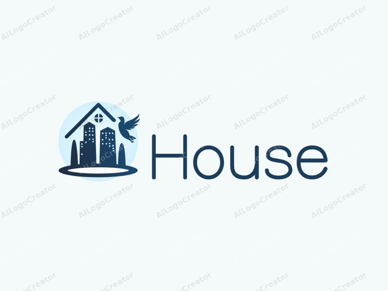 modern design features a stylized house and building silhouette, an angel figure, combined with a clean background in blue and black colors.