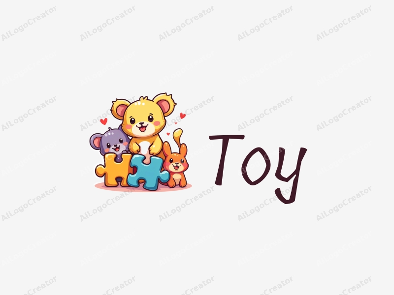 playful design features colorful plush toys and puzzle pieces, combined with a whimsical approach and a clean background.