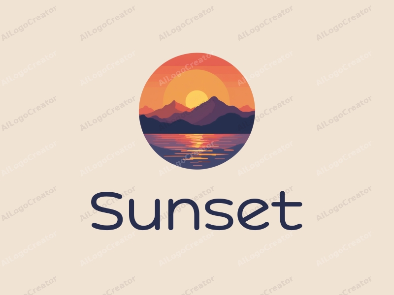 vintage design features a stylized sunset over the ocean with mountains in the background, incorporating warm orange and purple hues, combined with a clean and harmonious layout.