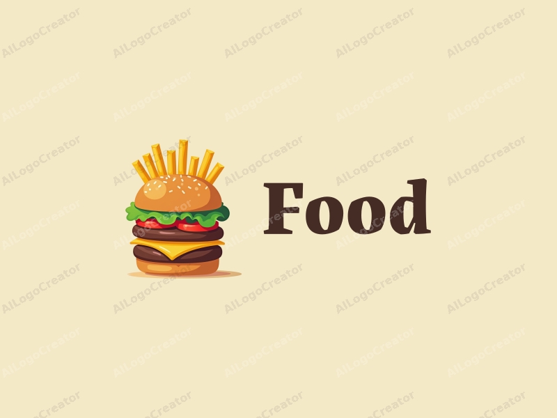 a modern design featuring a stylized burger and fries, with vibrant colors and a clean background, emphasizing the deliciousness of the food in a harmonious and simple composition.