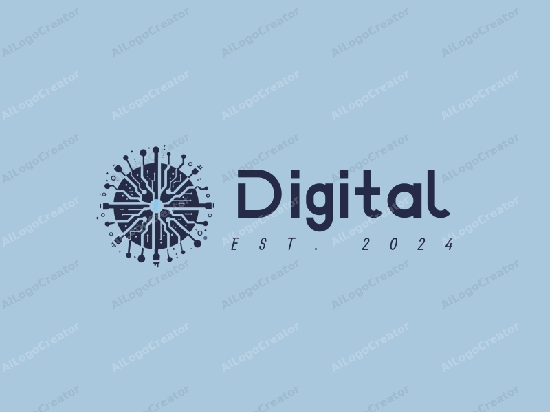 a modern minimalist design featuring digital elements like circuit patterns, stylized data streams, and network symbols, combined with a clean background in blue and black colors.