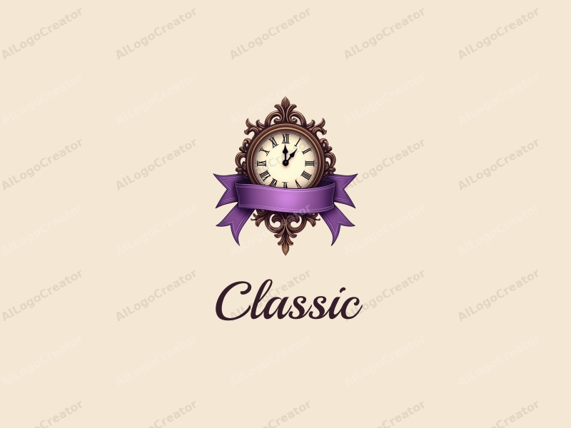 vintage design features a purple ribbon elegantly intertwined with a nostalgic clock, showcasing classic and traditional elements, combined with a clean background.