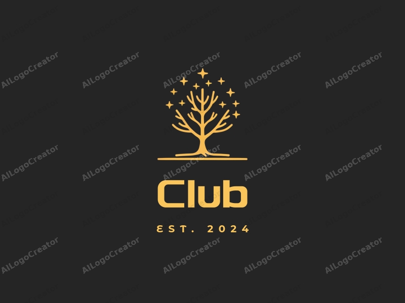 a modern design featuring a stylized club and social elements, incorporating a tree and stars, with a clean and simple composition against a black background.