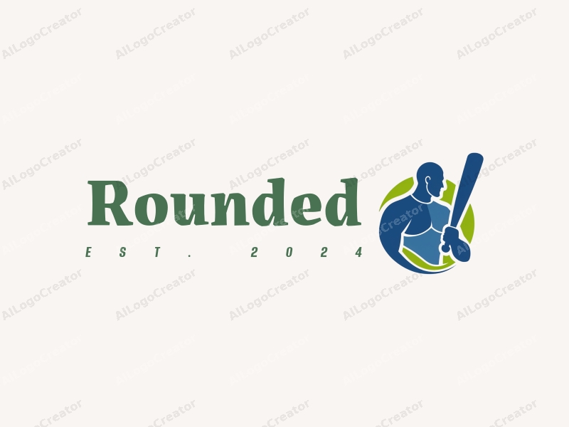 geometric design features a giant figure holding a baseball bat, integrated with circular shapes and curves, using a blue and green color palette, combined with a clean background.