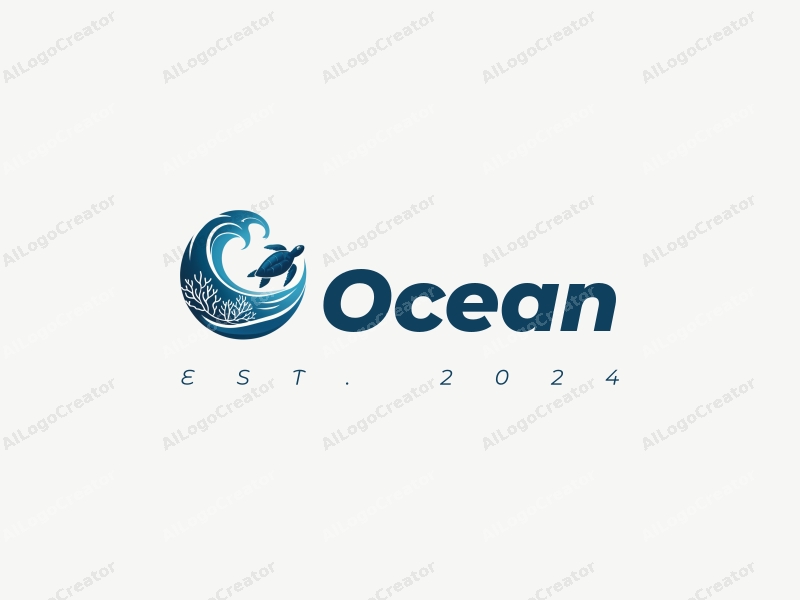 modern design features stylized waves, marine life including coral and a sea turtle, combined with a clean background.