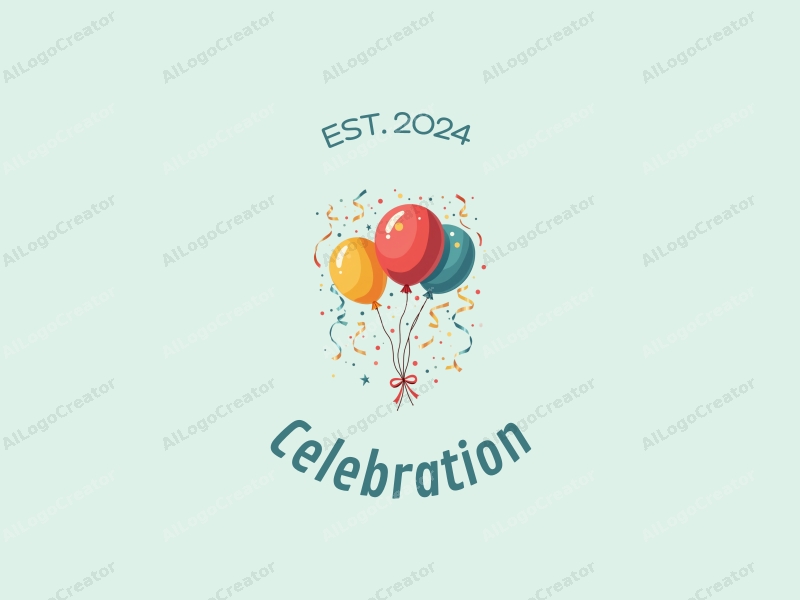 playful design features colorful balloons and streamers, a festive atmosphere with gold accents, combined with a clean background.