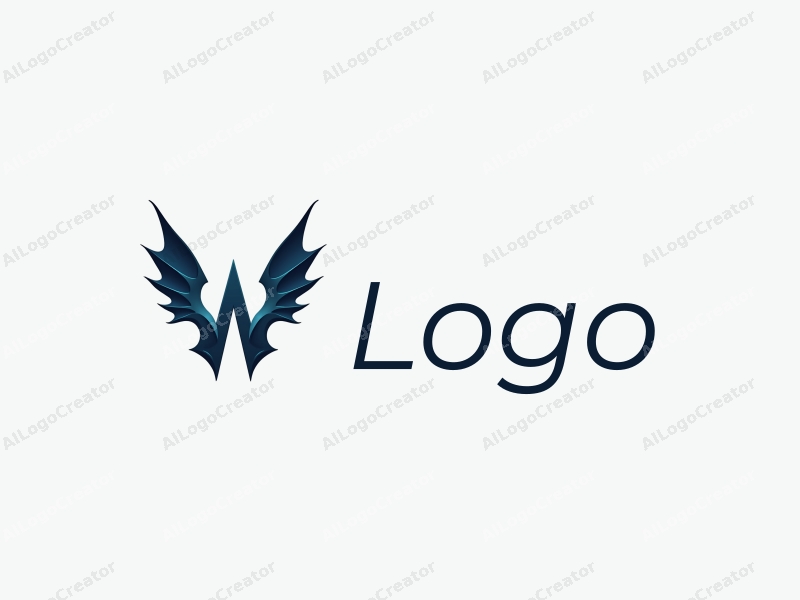 a modern design featuring dragon wings elegantly intertwined with the letter W, utilizing a blue and black color scheme, combined with a clean and simple background.