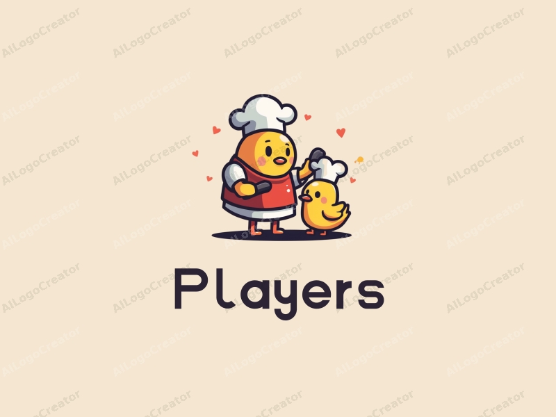 playful design features a vibrant color palette, a stylized player character interacting with a whimsical chef chick, combined with a clean and simple background.