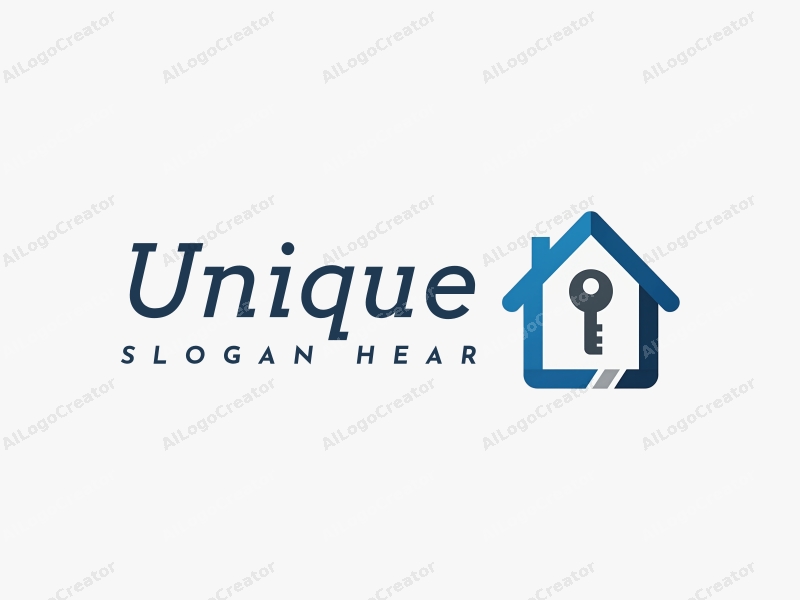 a modern minimalist design featuring a stylized house silhouette and a key, combined with a clean background and innovative design elements in blue and gray colors.