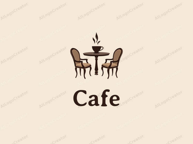 vintage design features a stylized coffee cup, elegant tables and chairs, and a warm brown color palette combined with a clean background.