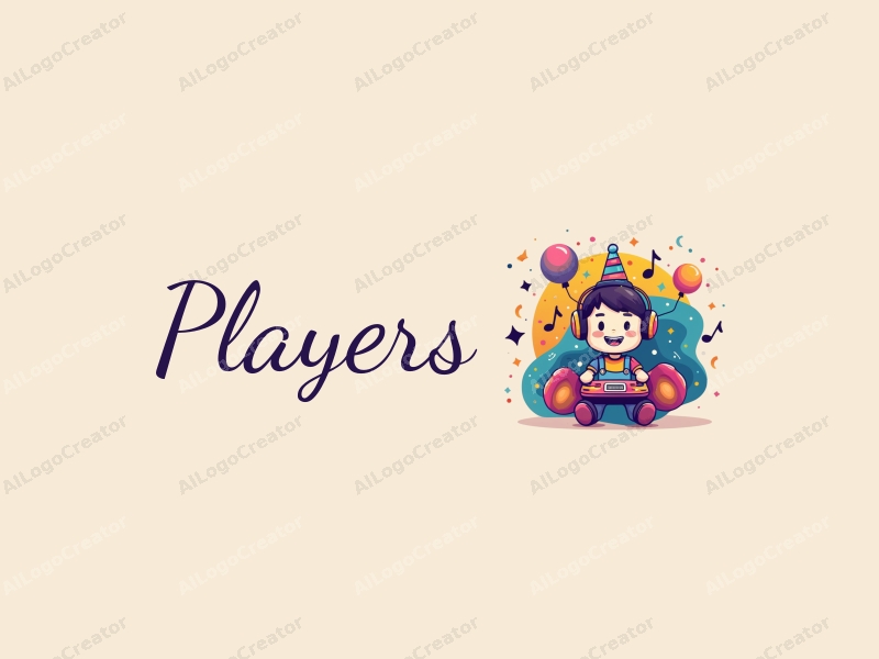 playful design features vibrant colors, a stylized player and game character, and elements of a party with musical notes, combined with a clean and harmonious background.