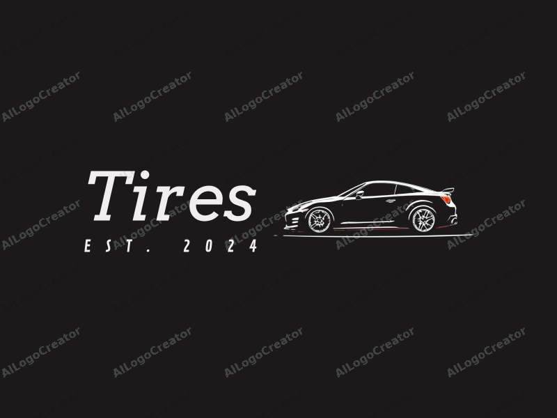 modern design features a stylized tire and car silhouette, emphasizing speed with clean lines and a minimalistic approach combined with a solid black background.