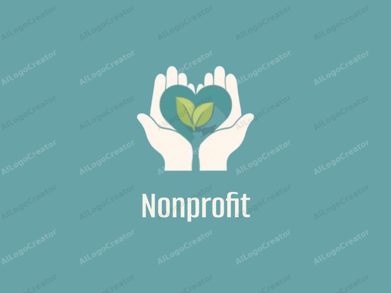 modern minimalist design features a heart shape formed by two hands, symbolizing charity and volunteer work, combined with a clean background in blue and green colors.