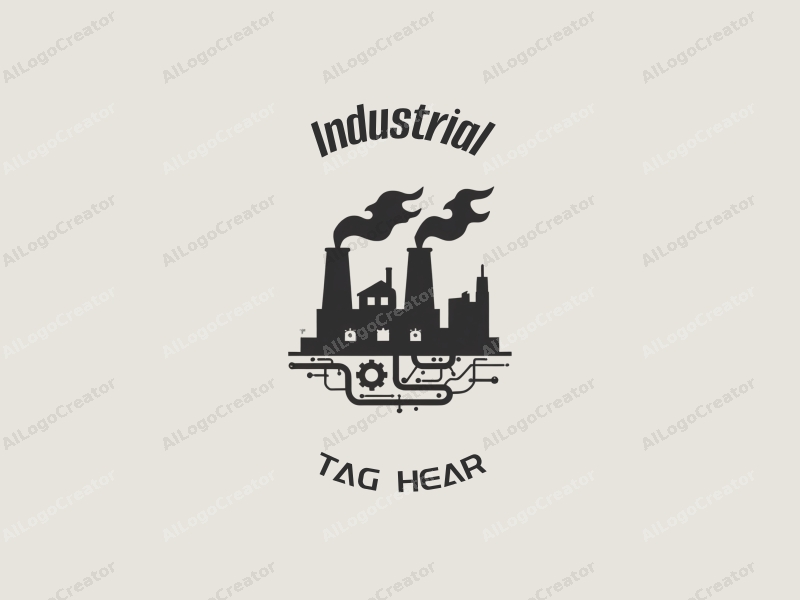 a modern minimalist design featuring a stylized factory silhouette, interconnected gears, and circuit patterns, combined with a clean gray and black background.