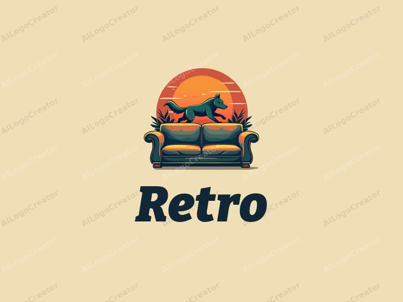 vintage design features a retro sofa and a retro poster, combined with a stylized wolf in a dynamic sports pose, set against a clean background.