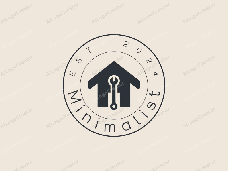 minimalist design features a stylized house silhouette and a wrench, combined with a linear design approach and a clean background.