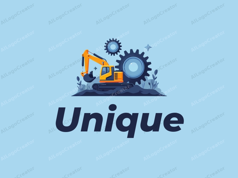 a modern design featuring a stylized excavator and gears, incorporating unique and innovative elements with a clean blue background.