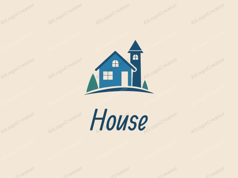 modern design features a stylized house and tower with clean lines, large windows, and a blue color palette combined with a simple background.