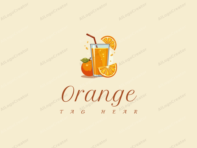 playful design features a vibrant orange, a stylized juice cup, and fresh orange slices, combined with a clean background.