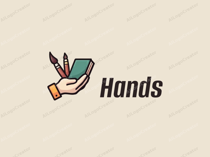 a modern design featuring a hand holding a book and a paintbrush, with a clean background and a focus on simplicity and harmony.