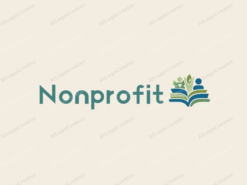 a modern design featuring stylized representations of charity and volunteers, incorporating books and a beach scene, with a harmonious blend of blue and green colors against a clean background.