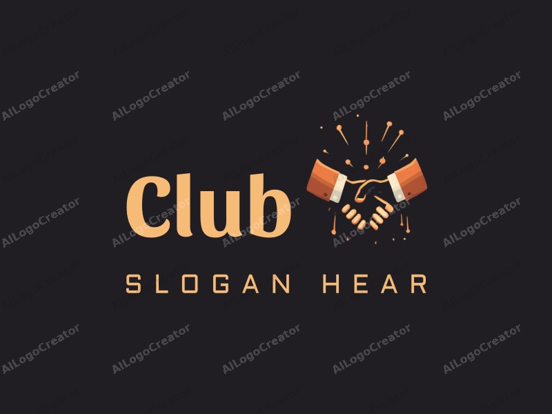 a modern design featuring a stylized club scene with social elements, incorporating musical notes and a handshake, combined with a clean black background.