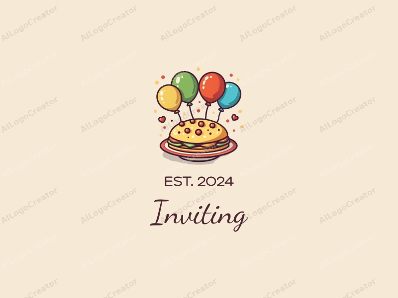 playful design features a stylized plate and colorful balloons, combined with inviting elements and warm tones, set against a clean background.