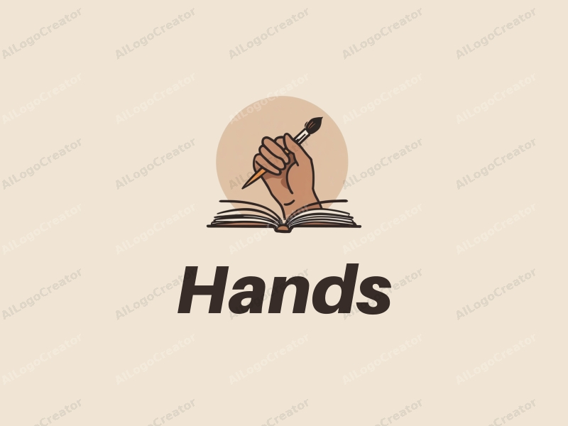 a modern design featuring a hand holding a paintbrush and a book, with a skin tone color palette, combined with a clean and simple background.