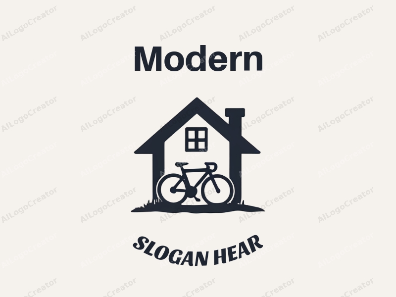 minimalist design features a stylized house silhouette and a bicycle, combined with a clean background and innovative design approach.