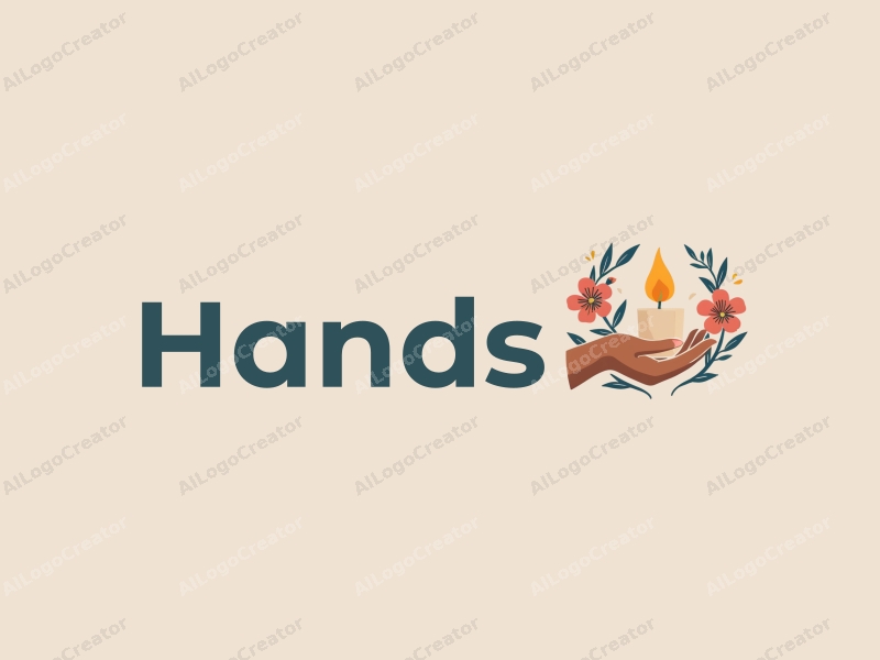 a modern design featuring a hand gently holding a candle surrounded by flowers, with a clean and simple composition that emphasizes warmth and care.