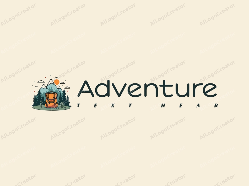 playful design features stylized mountains, a whimsical backpack, and elements of adventure and exploration combined with a clean background.