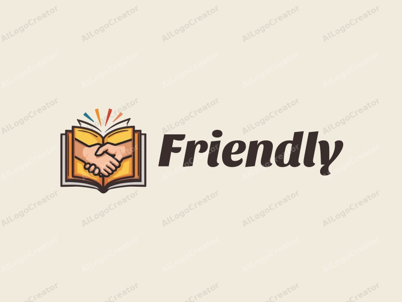 playful design features a stylized book and a handshake, combined with a clean background, emphasizing friendship and community in an educational and social context.