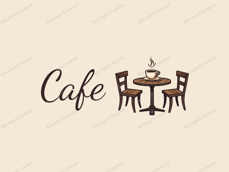 vintage design features a stylized coffee cup on a wooden table, surrounded by simple tables and chairs, combined with a clean background.