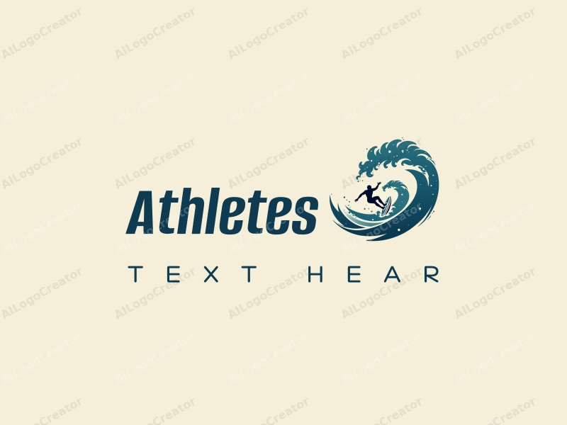 modern design features a stylized athlete in motion, dynamic surfing action, and flowing waves, combined with a clean background.