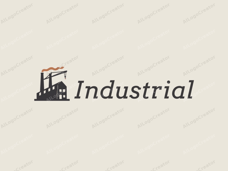 a modern minimalist design featuring a stylized factory silhouette, a crane, and gears, combined with a clean gray and black color scheme on a simple background.