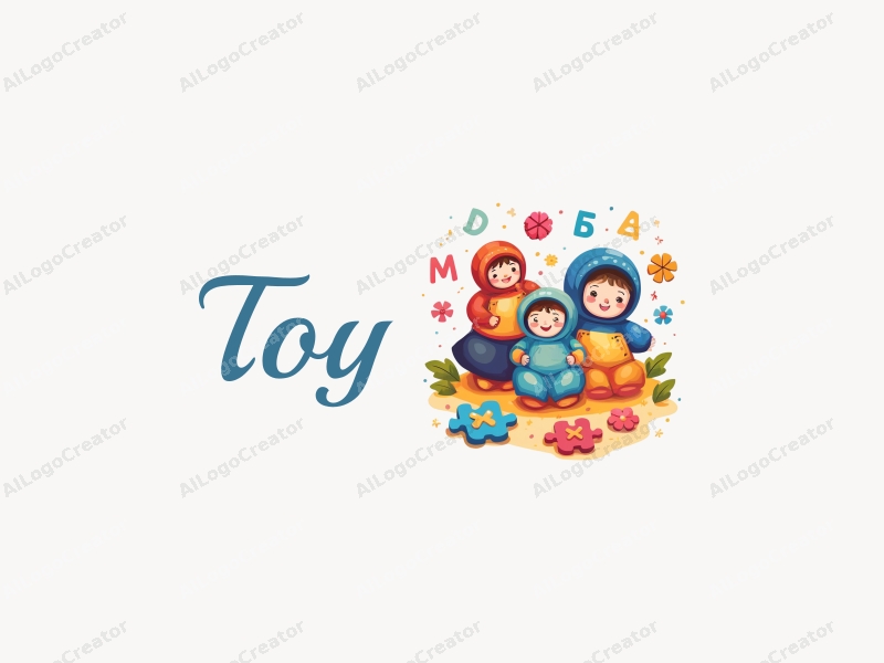 playful design features colorful dolls and puzzles, stylized letters, and toy elements combined with a clean background.