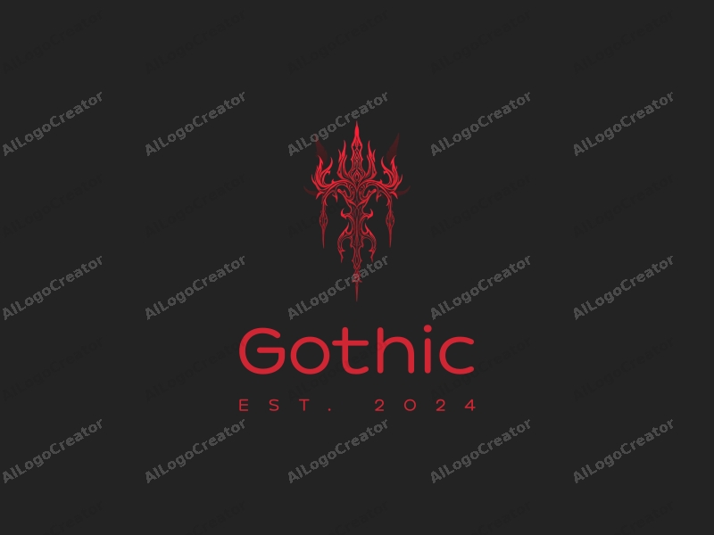 Gothic design features intricate pointed towers, flowing cloaks, and a dramatic interplay of black and deep red colors combined with a clean background.