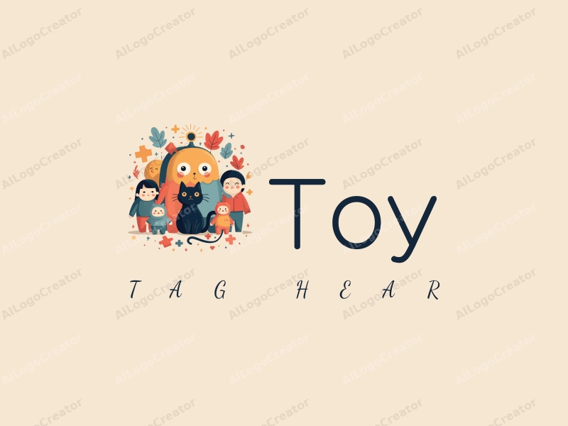 playful design features a colorful arrangement of dolls and puzzles, incorporating a stylized black cat and elements of automation, combined with a clean and harmonious background.