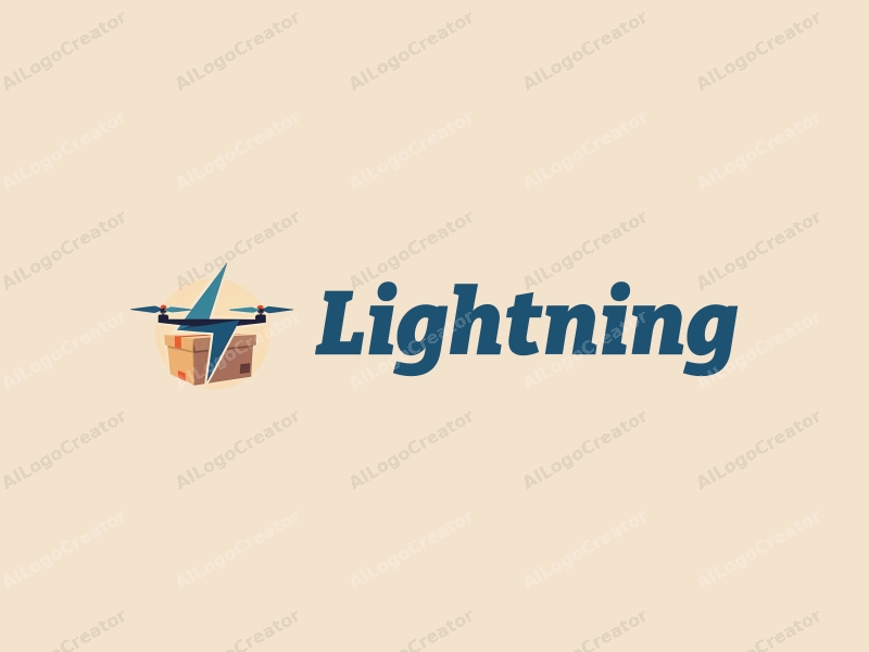 geometric design features a stylized lightning bolt and electric current intertwined with a fixed-wing drone and a delivery box, combined with a clean background.