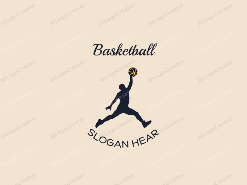 playful design features a dynamic silhouette of an athlete performing a dunk, with a stylized basketball, combined with a clean background.