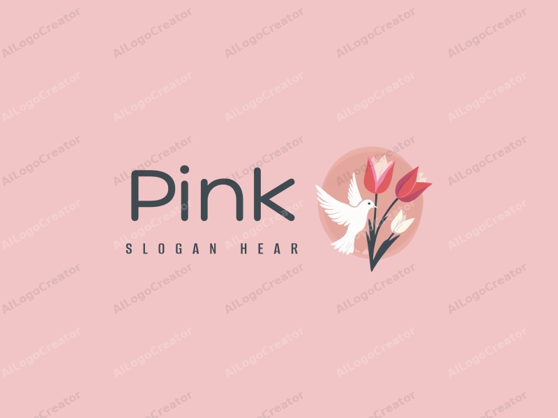 minimalist design features delicate cherry blossoms, a stylized dove, and elegant tulips combined with a clean pink background.