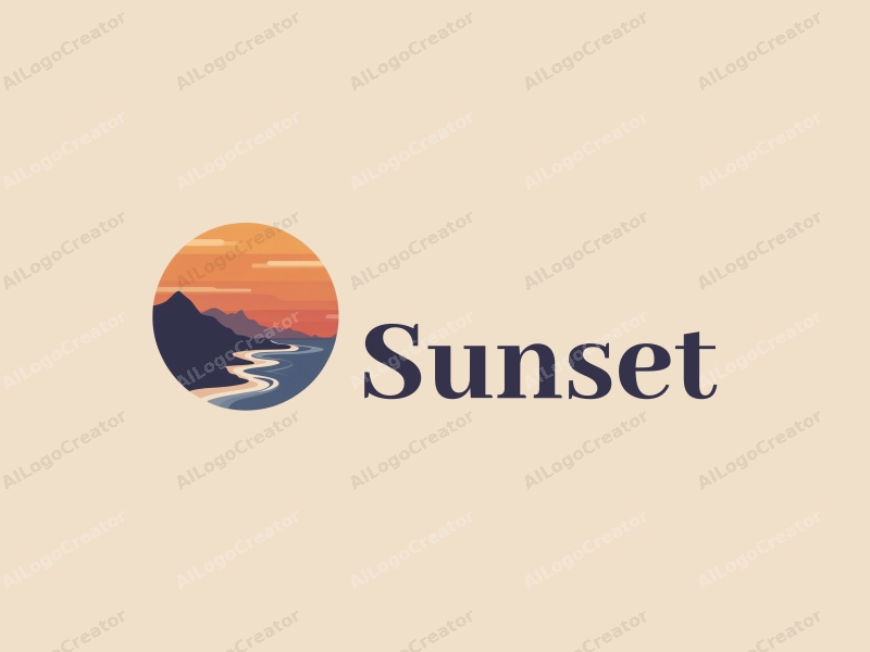 vintage design features a stylized sunset over a serene coastline with mountains in the background, using a harmonious blend of orange and purple colors, combined with a clean and simple layout.