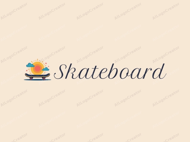 freundliches Design mit einer lebhaften Skateboard-Silhouette und verspielten Wolken im Hintergrund, kombiniert mit einem sauberen und einfachen Layout.