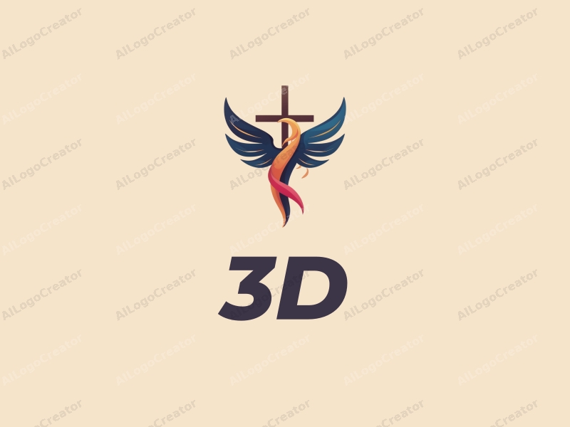 a modern design featuring a 3D dynamic angel intertwined with a cross, using vibrant colors and a clean background, emphasizing a sense of movement and creativity.